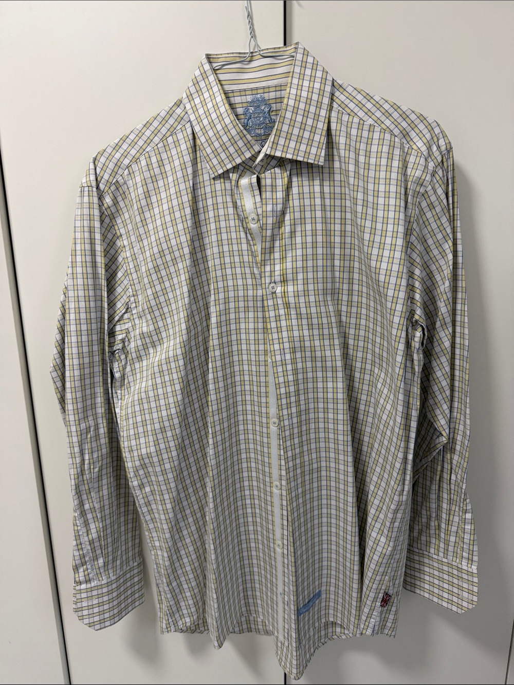 Men's Plaid Dress Shirt - White with Yellow-blue  and Gray Checks